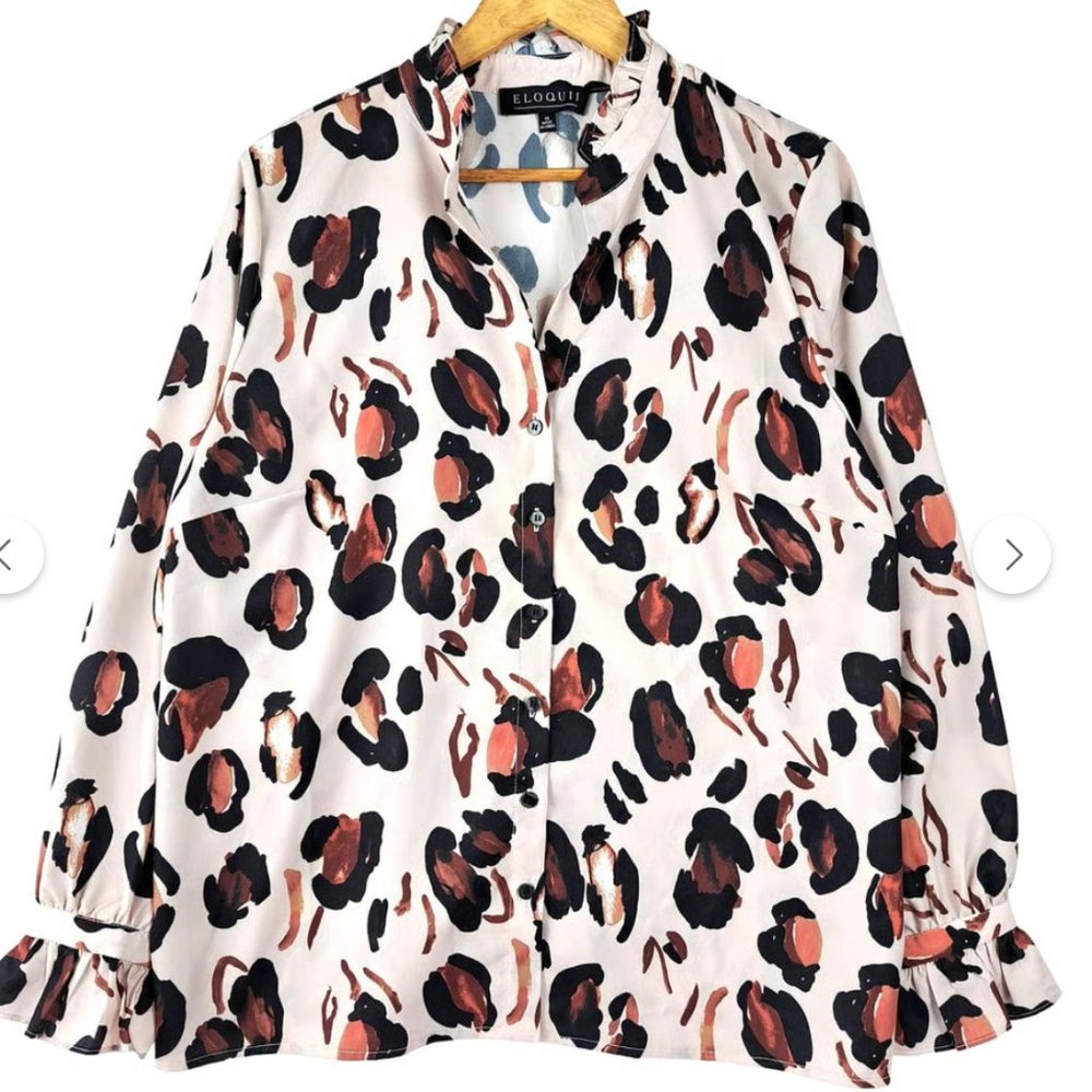 Eloquii Cheetah Print Ruffle Neck and Sleeve Blouse Size 18
